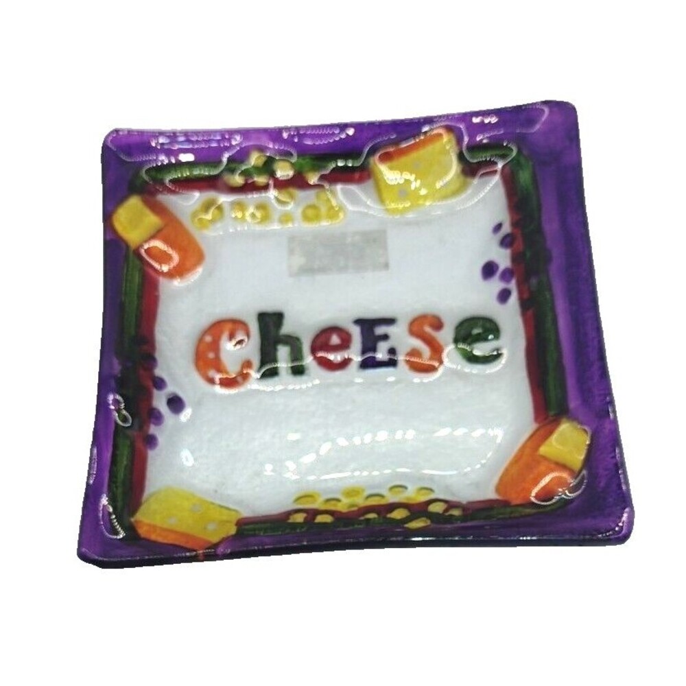 Ganz Fused Glass Cheese Plate Purple Orange Yellow Clear Glass 6x6 inches Square